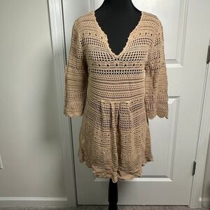 Grace‎ Elements Beige Crochet V Neck 3/4 Sleeve Tunic Dress Women Size M